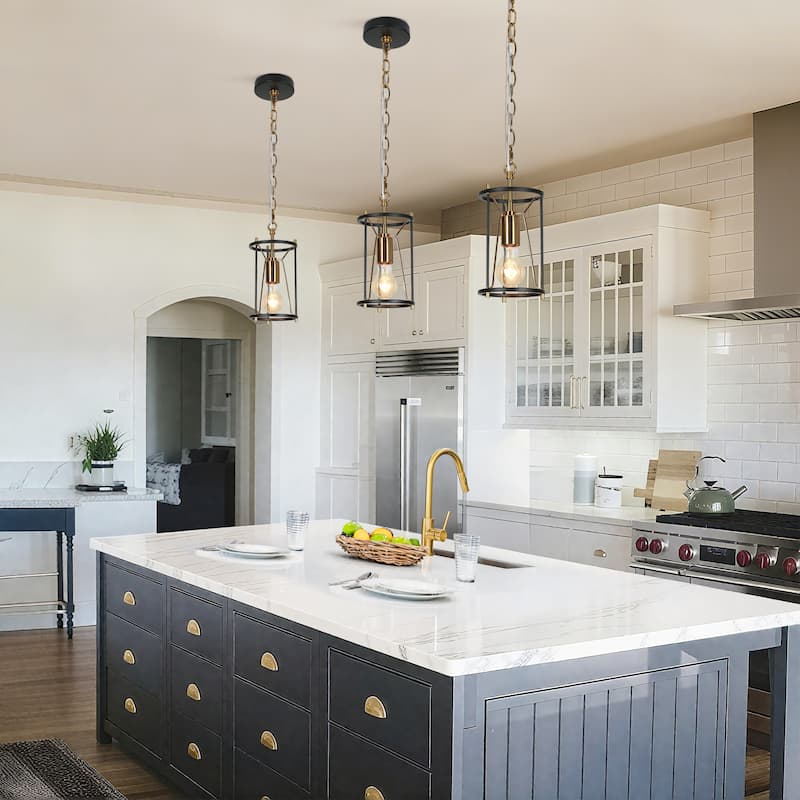 Modern Farmhouse 1-Light Black Gold Cylinder Cage Kitchen Island Pendant Lights for Dining Room