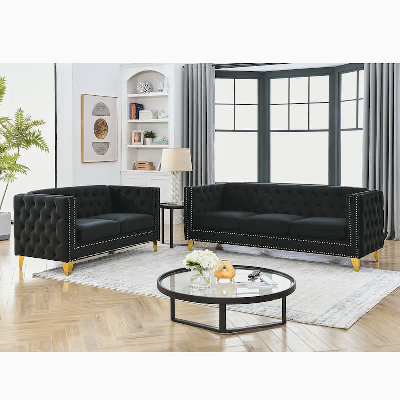 Homy Casa Velvet Sofa, Button Tufted Couch with Golden Metal Legs