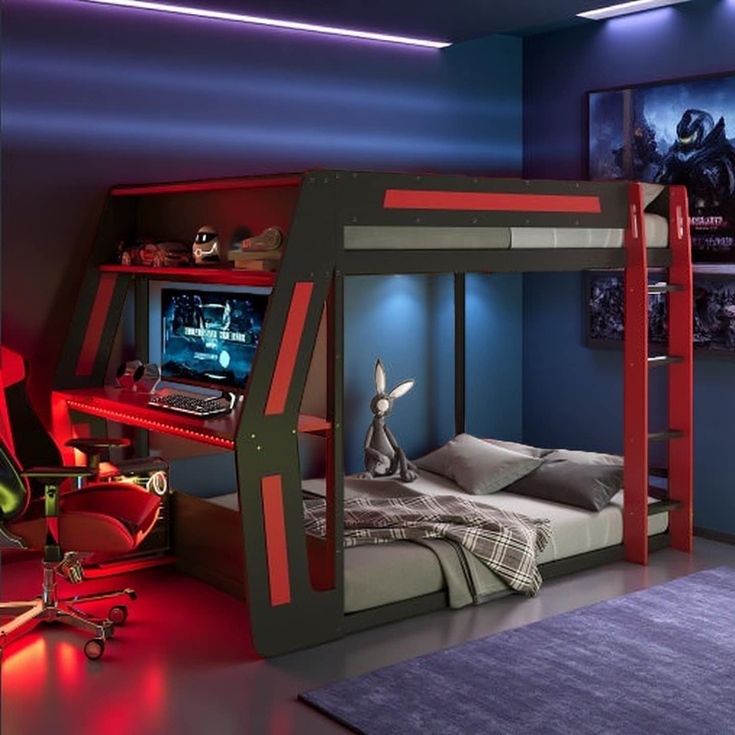 Full-Size Esports Loft Bed with Side Gaming Desk, RGB LED Lights, USB Charging Ports & Cable Management