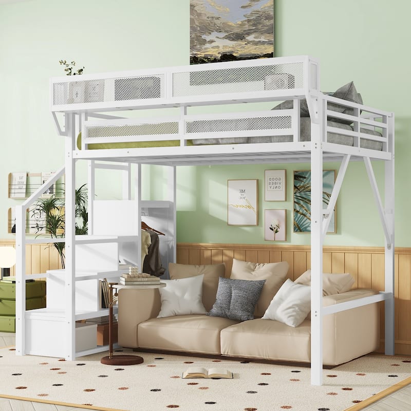 Full Size Loft Bed with Stairs, Metal Full Loft Bed with Storage Shelves, High Loft Bed with Wardrobe for Kids Teens - White