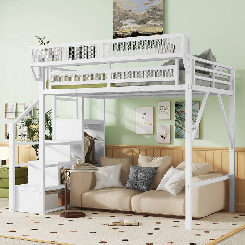 Metal Full Size Loft Bed with Stairs,Wardrobe and Shelves - White