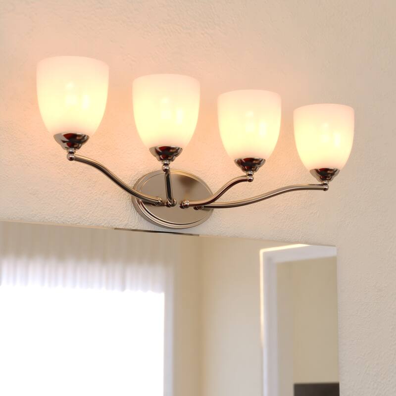 Bellwood Traditional Bathroom Vanity Wall Lighting Fixture, Glass Shade, Dimmable, LED Compatible, Over the Mirror Mount - Satin Nickel - 28-in W x 9.75-in H x 8-in D