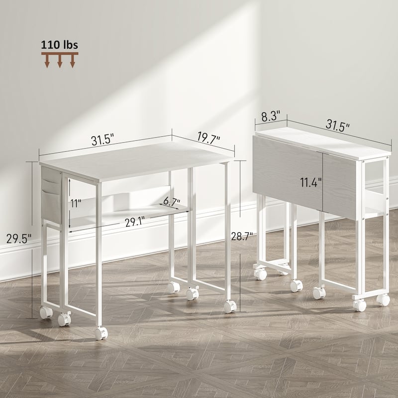 Mobile Foldable Desk with Storage Shelf and Drop-Leaf Design for Narrow Spaces and Home or Office