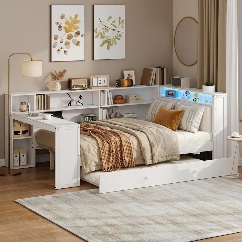 Daybed Bed with Trundle, Storage Shelves, Charging Station, & LED Light by Harper&Bright Designs - White - Full