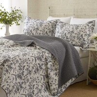 King Size Reversible Quilt Set - Cotton Blend, Grey White Floral - On ...