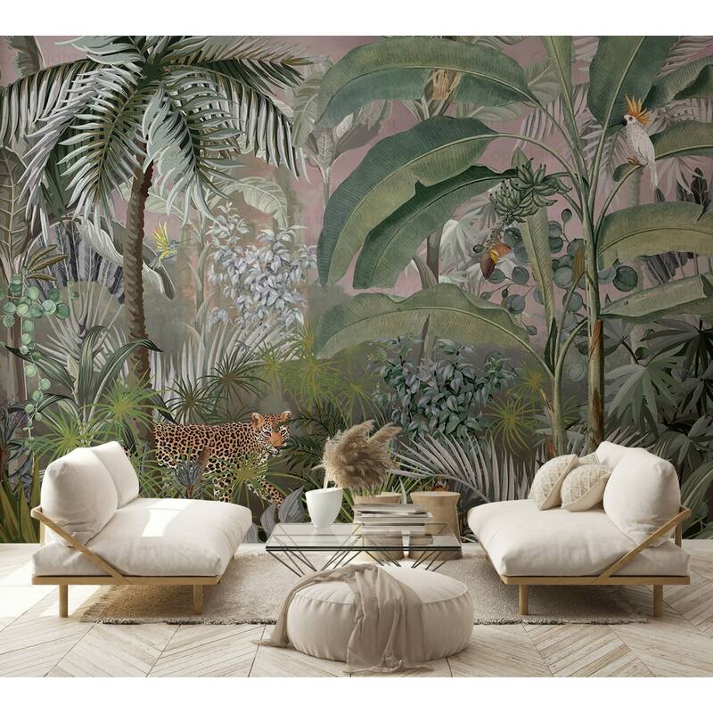 Jungle Adventure Vibrant Wildlife Wallpaper Mural with Lush Greenery