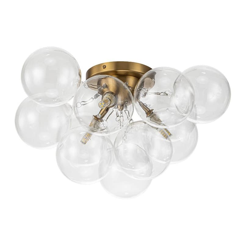 3-Light Clear Glass Globe Bubble Semi Flush Chandelier - Brass 18in