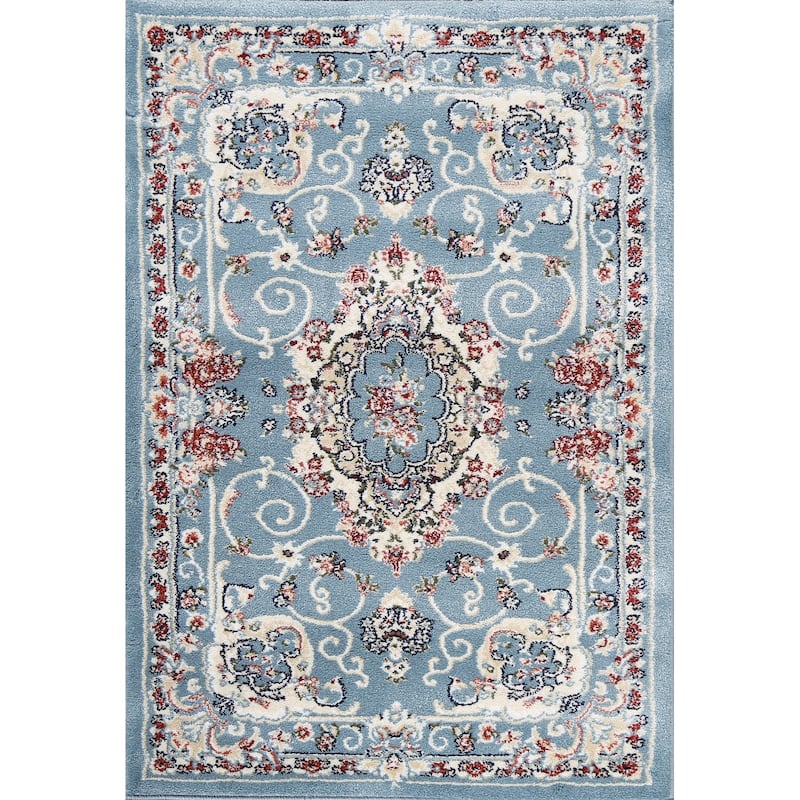 Light Blue Floral Medallion Transitional Turkish Rug Oriental Carpet - 2'7" x 4'11" - Blue