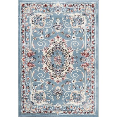 Light Blue Floral Medallion Transitional Turkish Rug Oriental Carpet