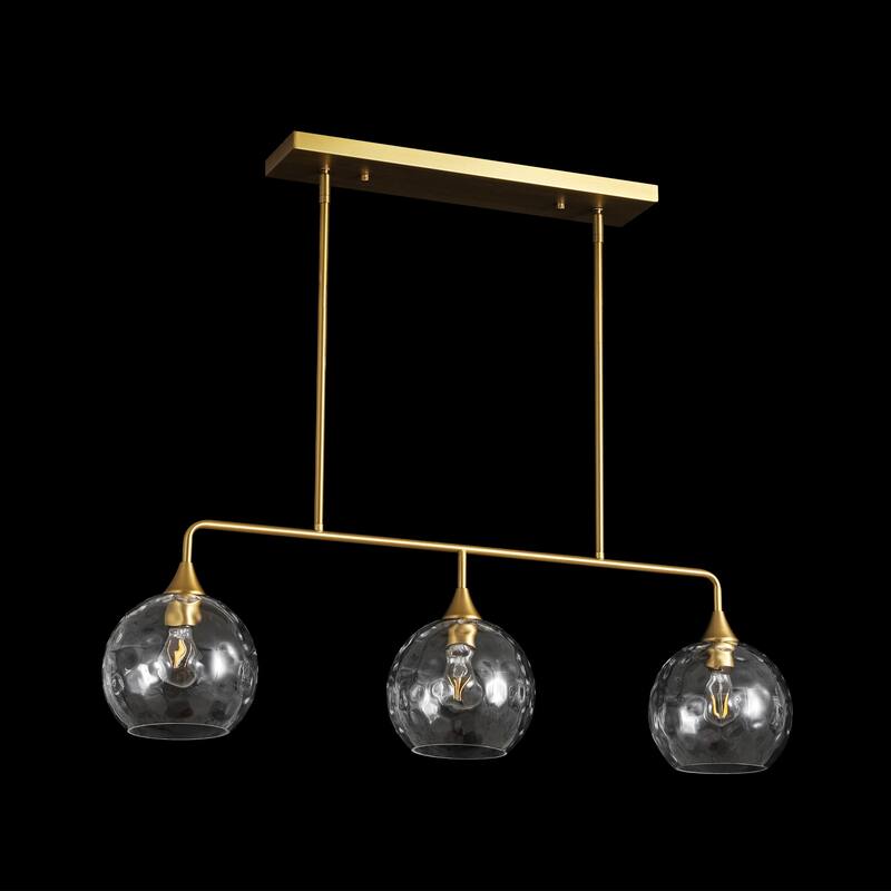 3-Light Modern Black/Brushed Gold Linear Chandelier for Kitchen Island with Clear Textured Glass Globe Shades
