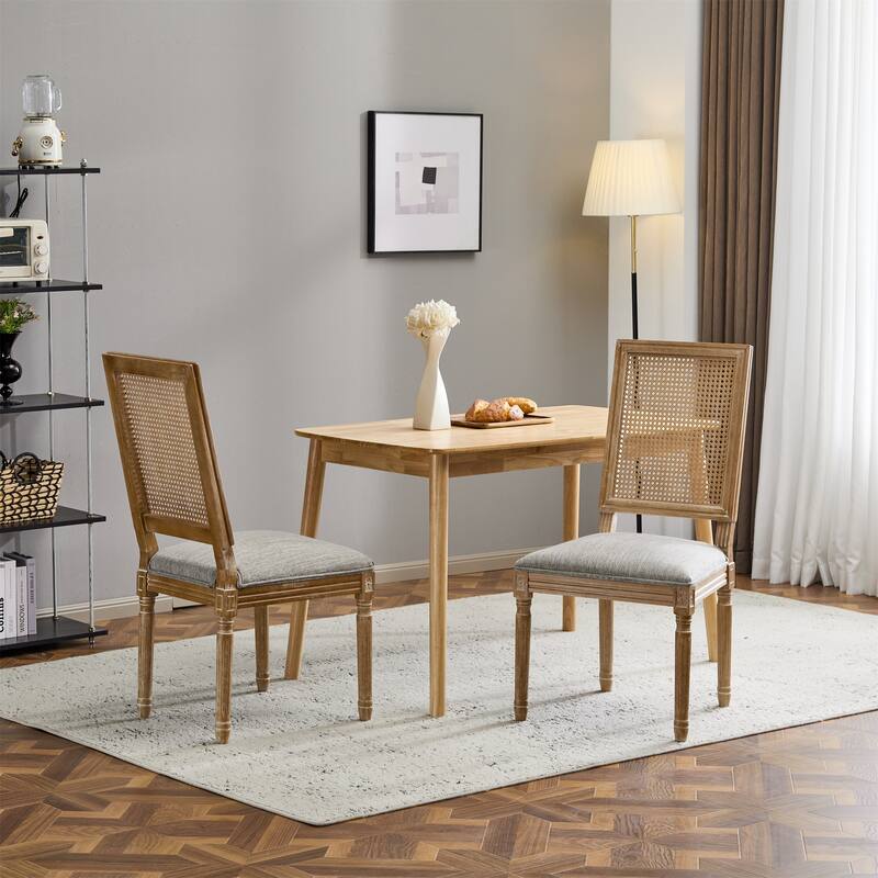 Dining Chairs Elegant Cane Backrest and Upholstered Seats with Fluted Legs Set of 2