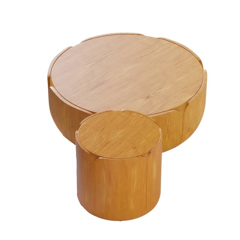 Round Outdoor/Indoor Coffee Table Set, Modern Wood Grain Drum Center Tables