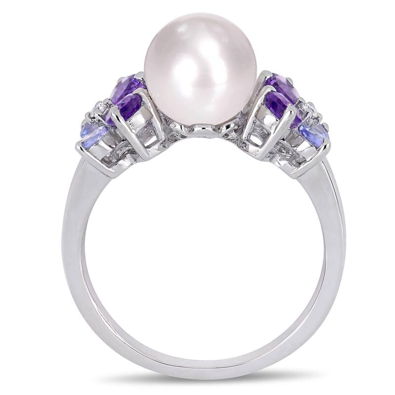 Miadora Sterling Silver Cultured FW Pearl Tanzanite Amethyst and Diamond Butterfly Jewelry Set (8-9 MM)