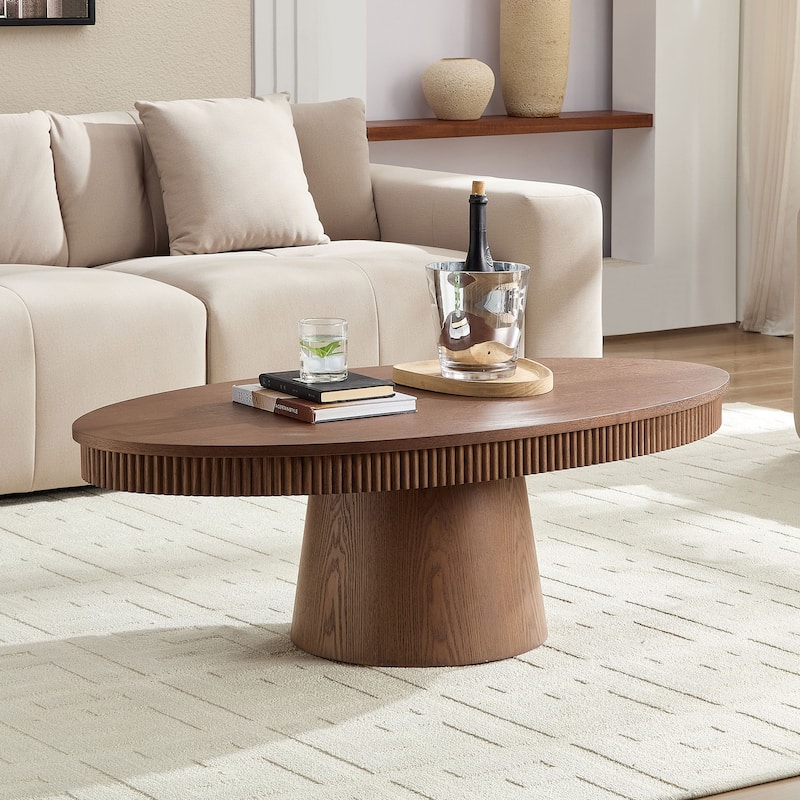 Modern Oval Coffee Table Drum-Shaped Coffee Table Multifunctional Coffee Table with Base, for Living Room‌