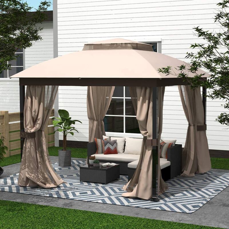 10X10FT Softtop Metal Gazebo with Mosquito Net&Sunshade Curtains - Beige