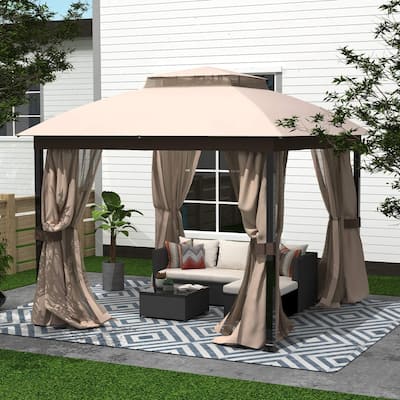 10X10FT Softtop Metal Gazebo with Mosquito Net&Sunshade Curtains