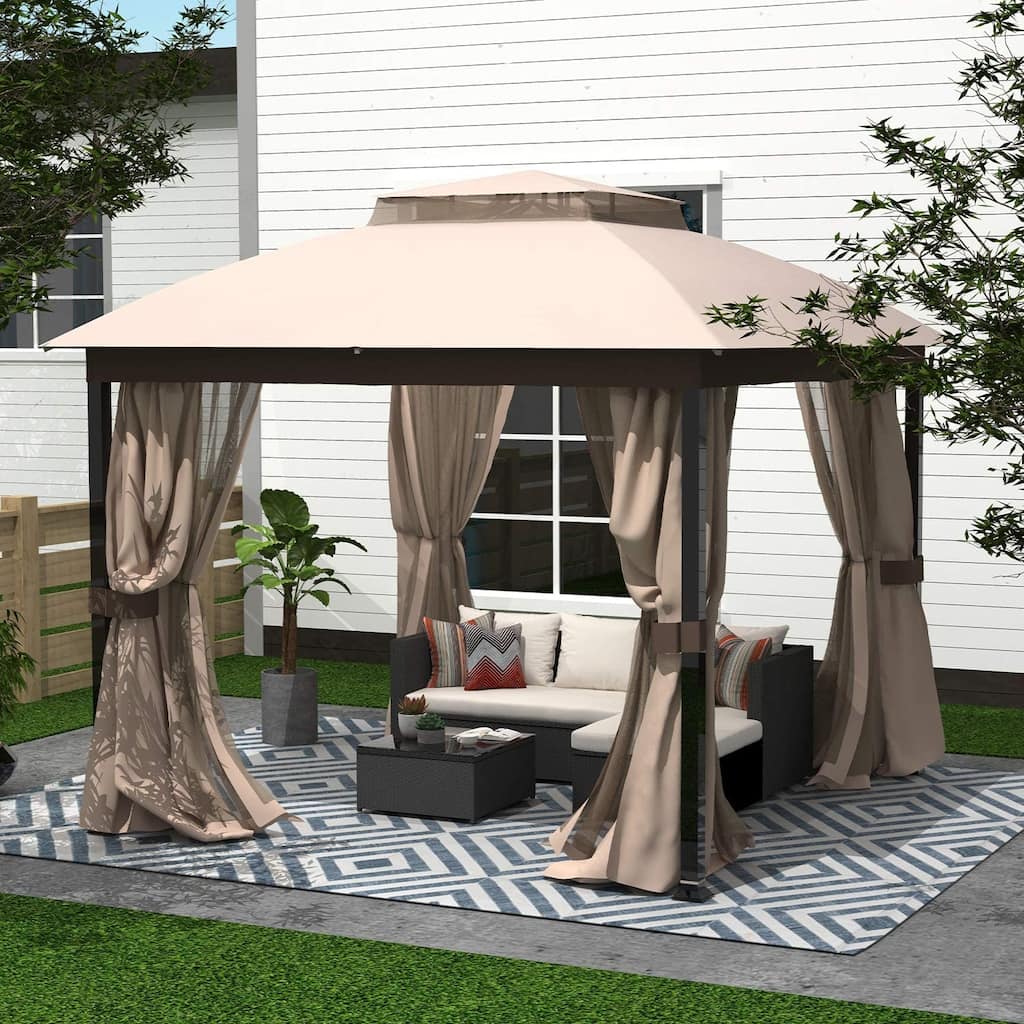 10X10FT Softtop Metal Gazebo with Mosquito Net&Sunshade Curtains
