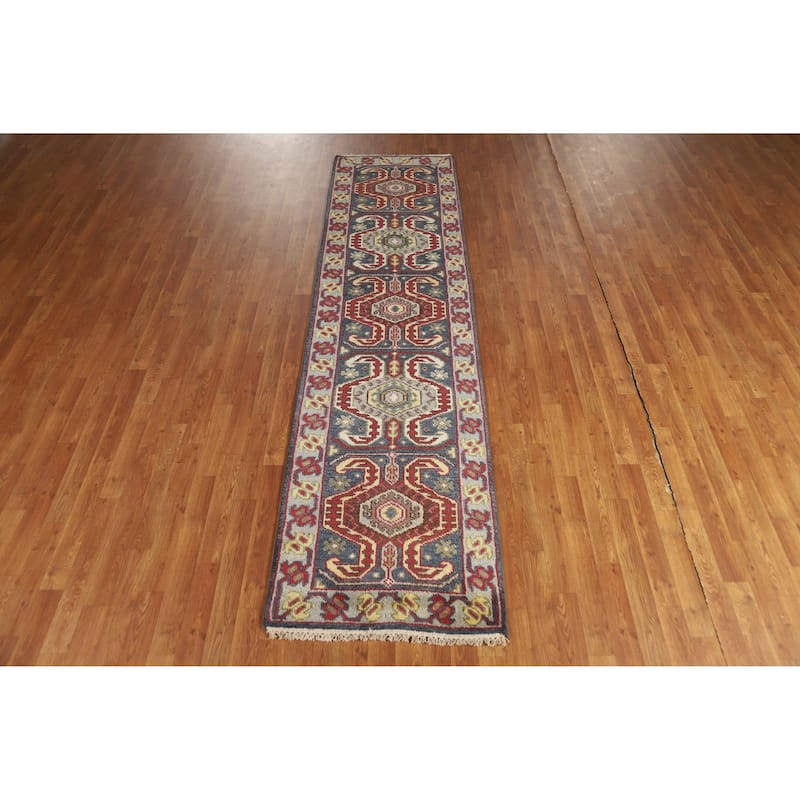 Hand Knotted Oriental 100% Wool Carpet Traditional Geometric Navy Blue & Blues Heriz (serapi) Runner Rug - 9' 10'' X 2' 6''