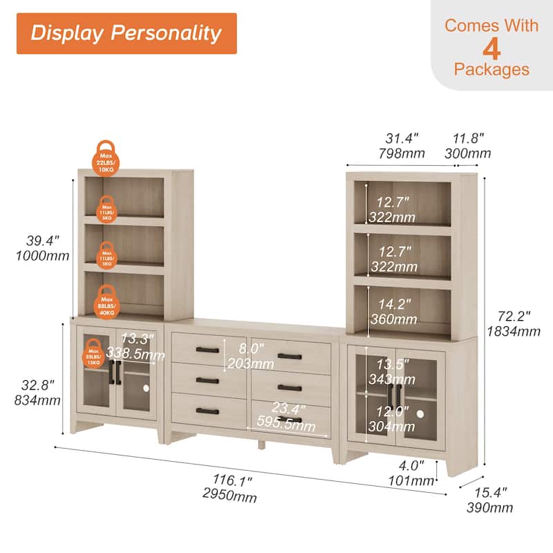 WAMPAT Farmhouse Entertainment Center with Bookshelves, Media Console with Glass Doors & 6 Storage Drawers