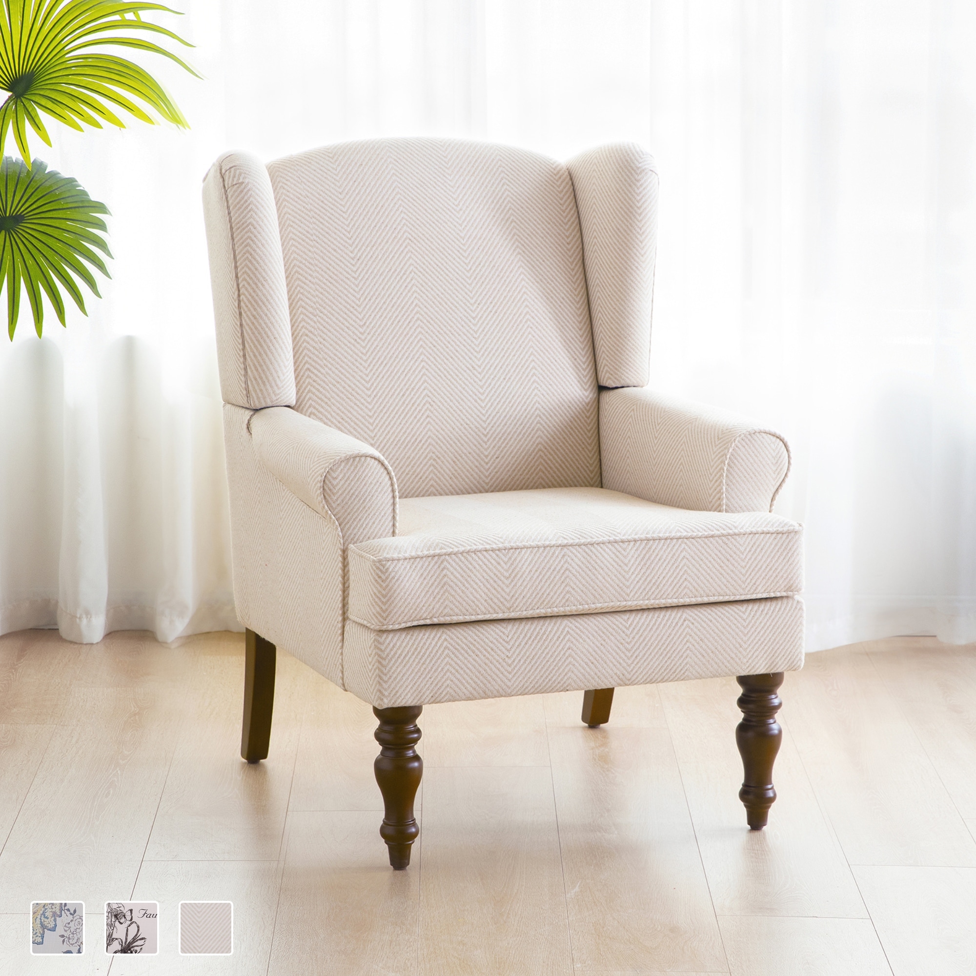 Printed Wingback Accent Chair, Linen Upholstered High Back Armchair, Comfy Reading Chair