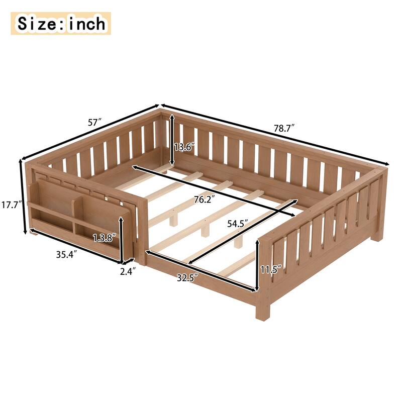 Montessori Floor Bed Low Profile Kids Bed with Rails & Bookshelf