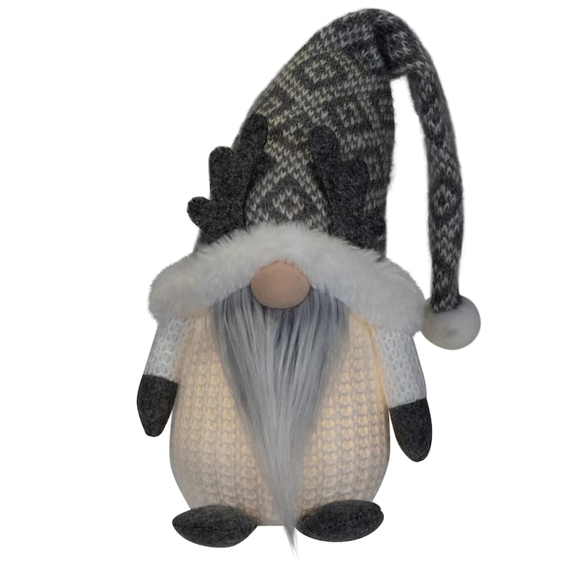 Lighted Gnome with Antlers Christmas Figure - 9" - Gray and White