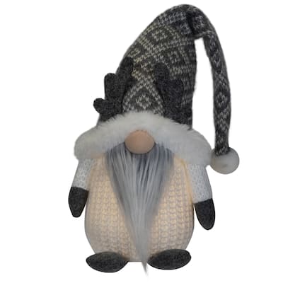 Lighted Gnome with Antlers Christmas Figure - 9" - Gray and White