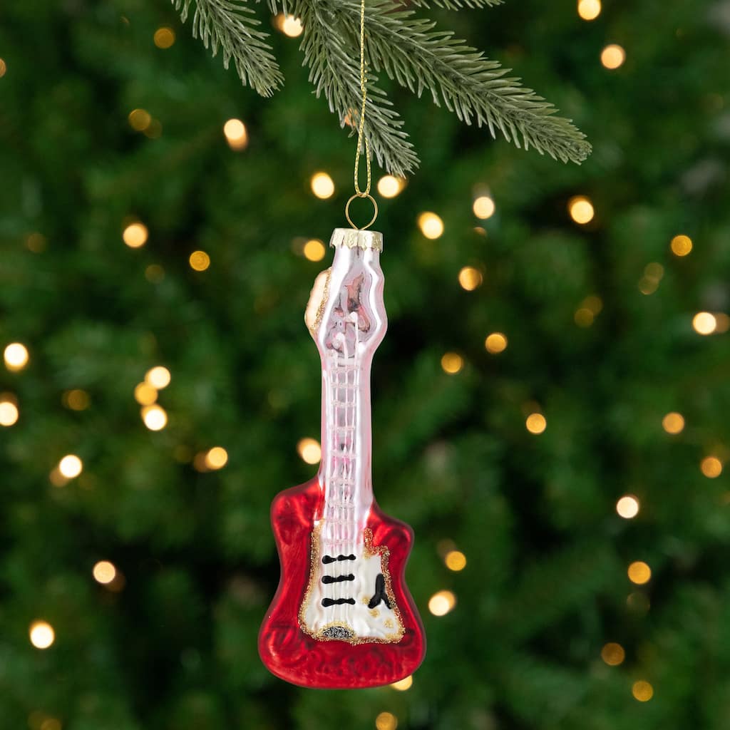 Glittered Bass Guitar Glass Christmas Ornament - 5.25" - Red and Gold