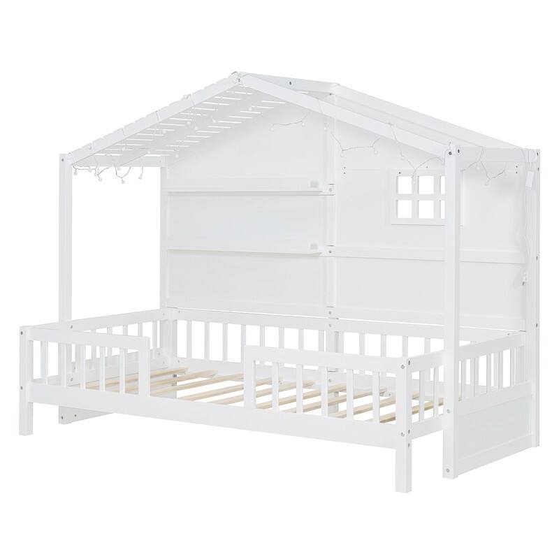 Twin Size House Bed with Shelves,Window and Light Strip on the Roof