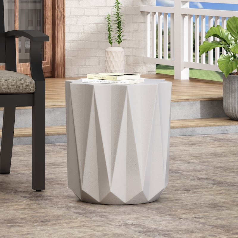 Roomfitters Outdoor Lightweight Concrete Side Table, Geometric Accent Patio End Table, Antique White