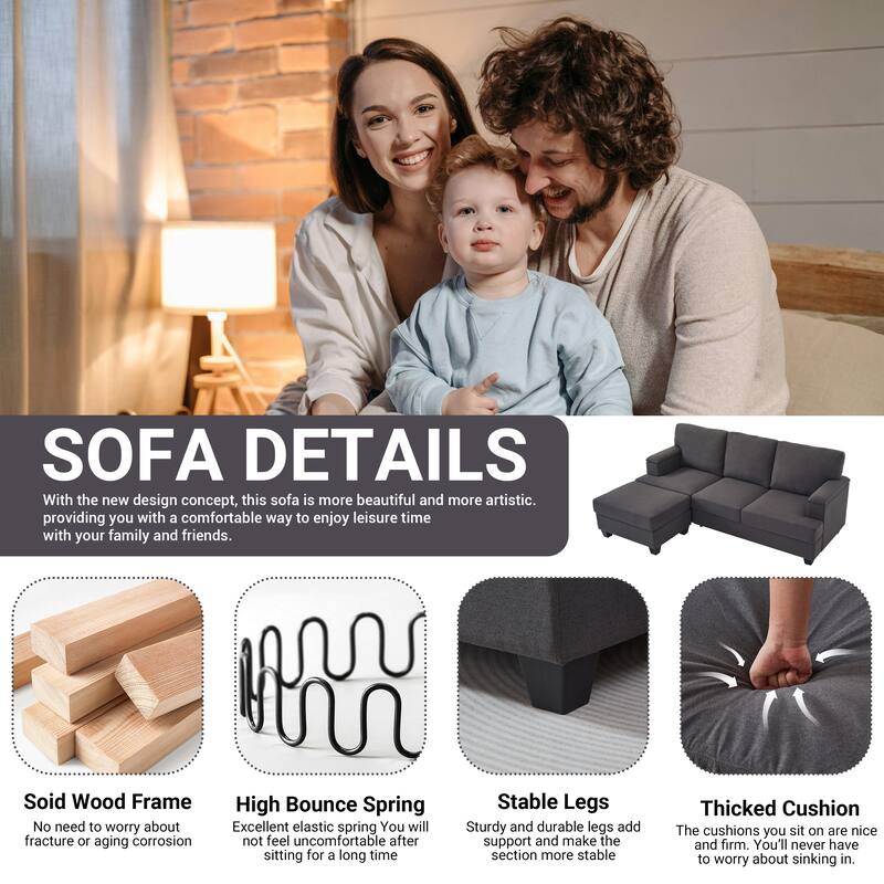 86" L-Shaped Sectional Sofa with Armrest Storage, Movable Ottoman, Thick Cushions, Linen Upholstery for Living Room