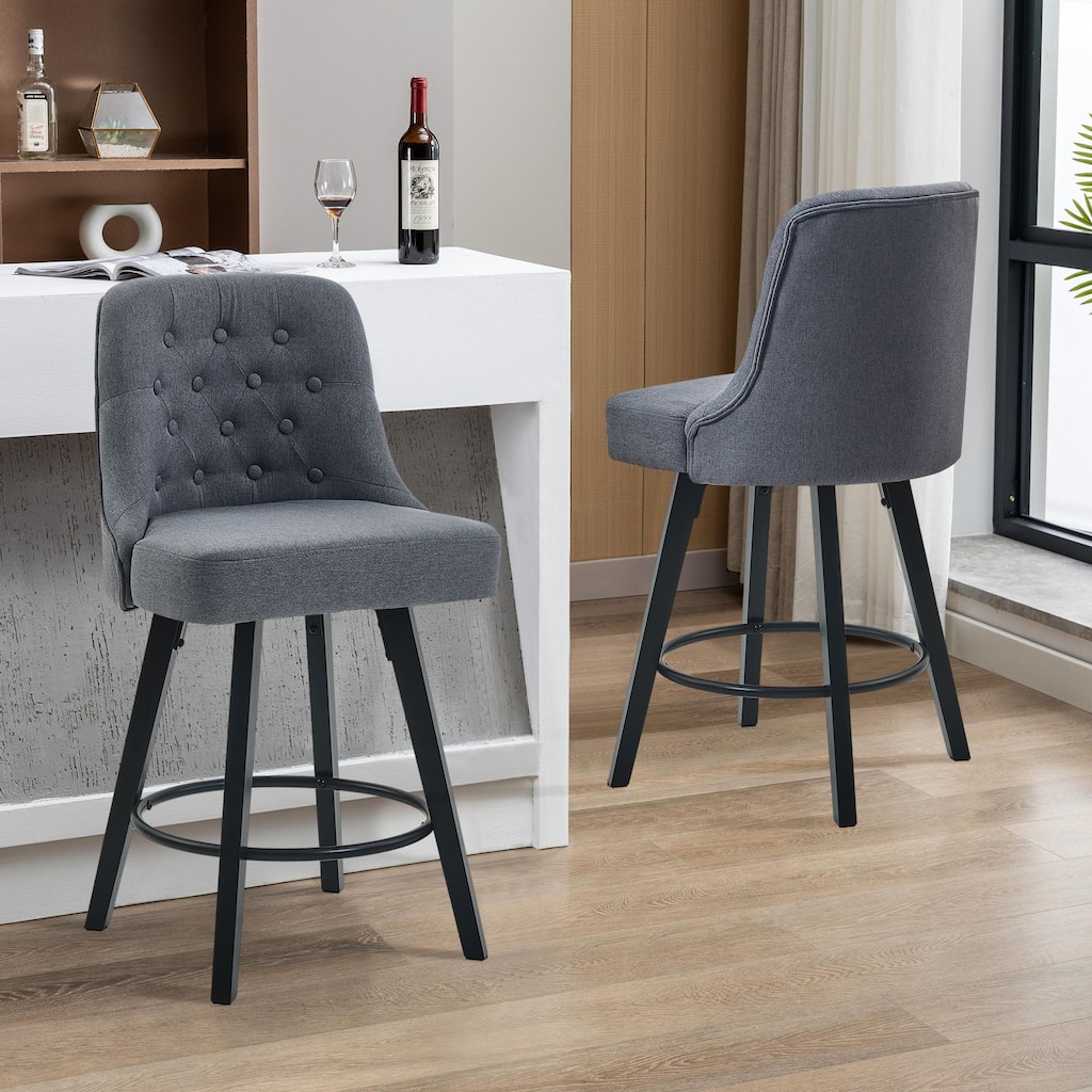 Ergonomic Counter Stools with Linen Upholstery, Swivel Bar Stools with Wooden Legs Kitchen Island Stools Set of 2