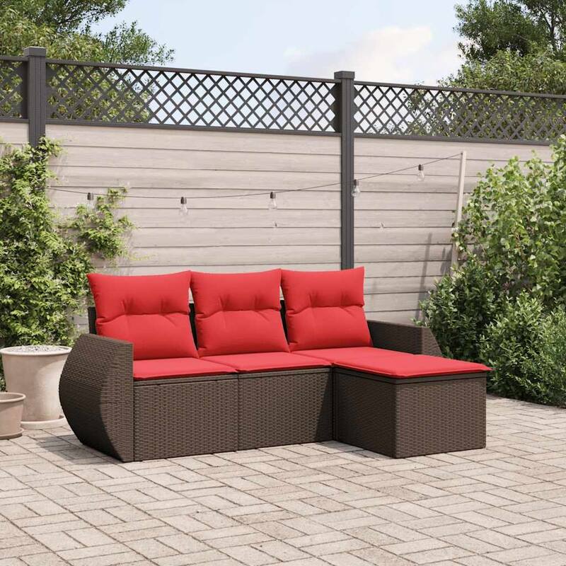 vidaXL Patio Sofa Set with Cushions Outdoor Furniture 9 Piece Poly Rattan - 21.7 x 24.4 x 27.2 - Brown and Red-Without table