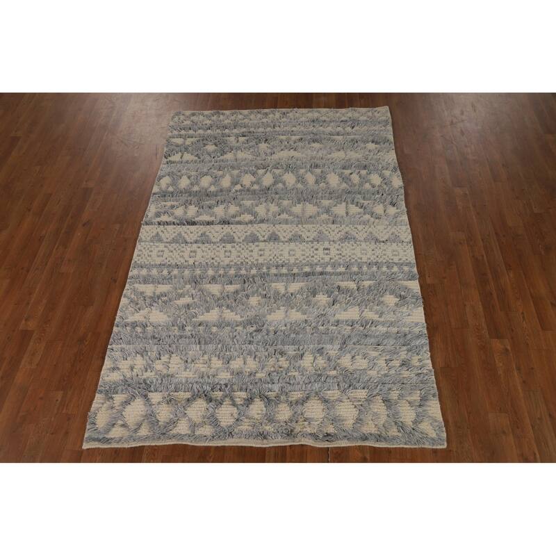 Beige & Gray Moroccan Shaggy Oriental Area Rug Handmade Wool Carpet - 4'11" x 7'8"