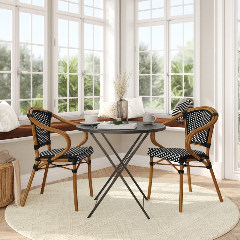 2 Pack All-Weather Commercial Paris Chairs with Bamboo Print Metal Frames - BlackWhiteNaturalFrame