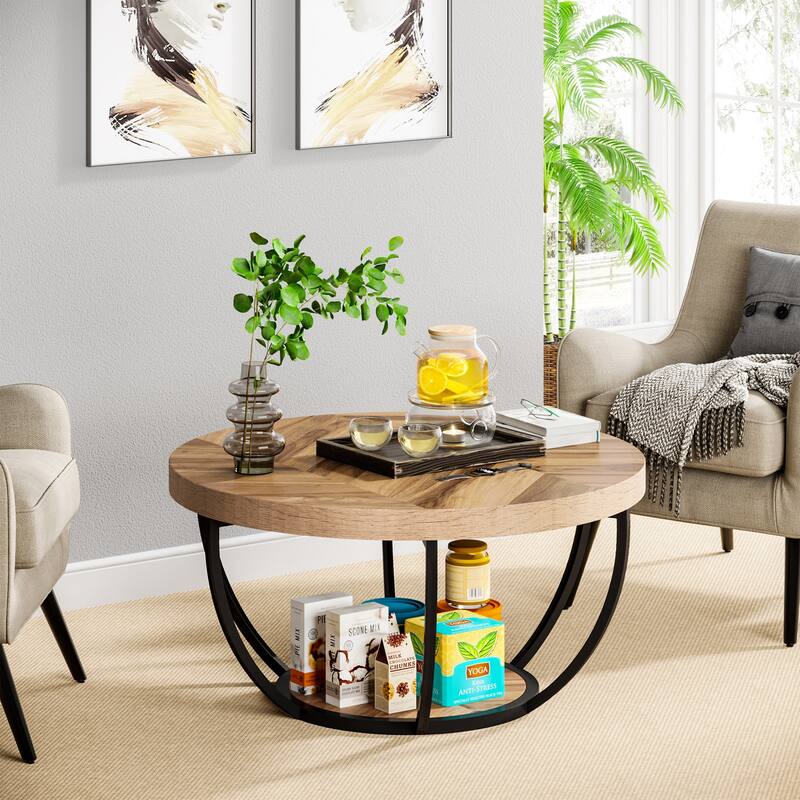 31.7" Round Coffee Table, Modern 2-Tier Center Table Sofa Side Table