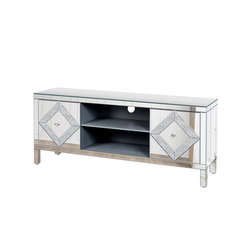 Mirrored TV Stand for 65+ inch TV,Sliver TV Console Table with Open Storage & 2 Storage Cabinets for Living Room