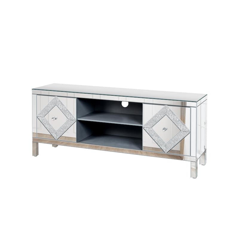 Silver 59" TV Stand with Diamond Shape Sparkling Mirror Doors, Open Storage and 2 Storage Cabinets for TVs Up to 65"