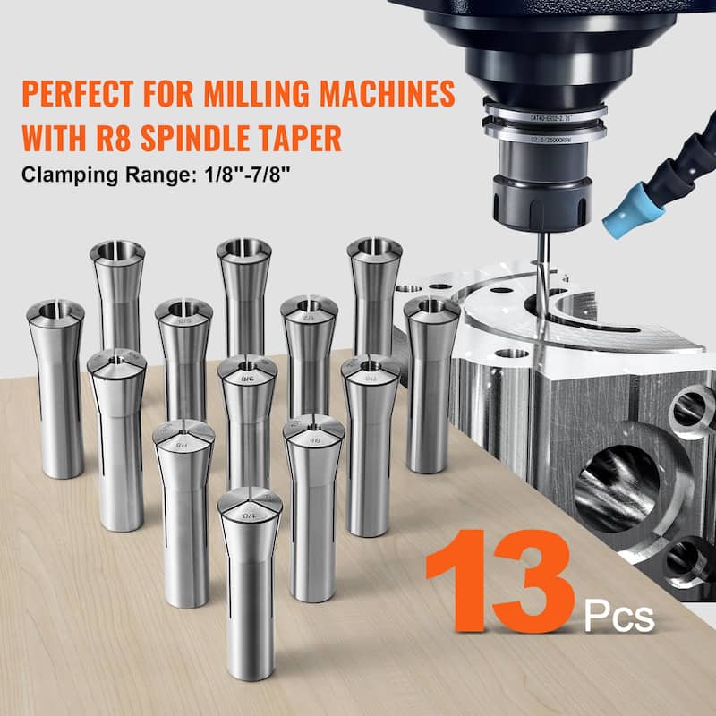 13 pcs Precision R8 Collet Set, 1/8'' - 7/8'', 45# Mill Collet Chuck 0.0012"/30μm TIR with 13 Labeled Storage Boxes - 13 pcs