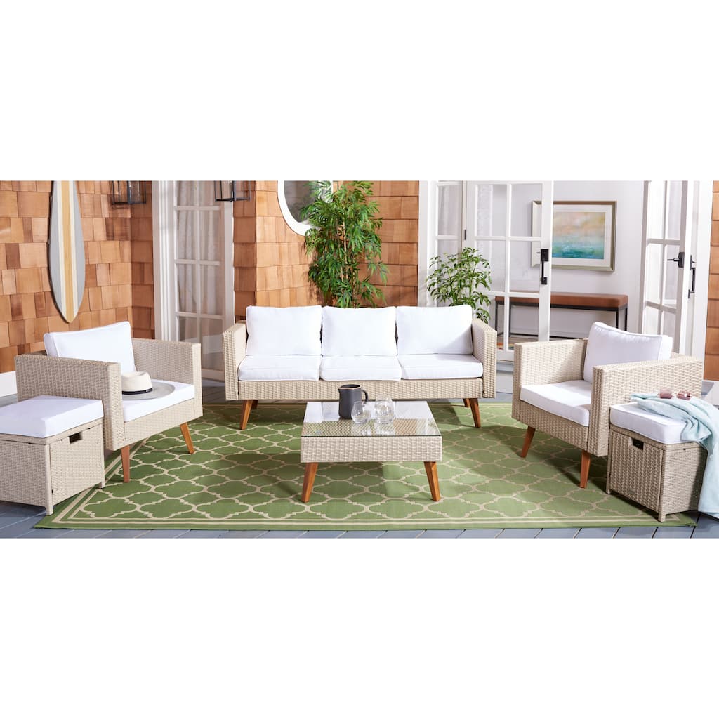 SAFAVIEH Outdoor Gojka 6-Piece Wicker Patio Set with Sofa, Chairs, Ottomans and Glass Top Coffee Table - 69W x 26D x 27H