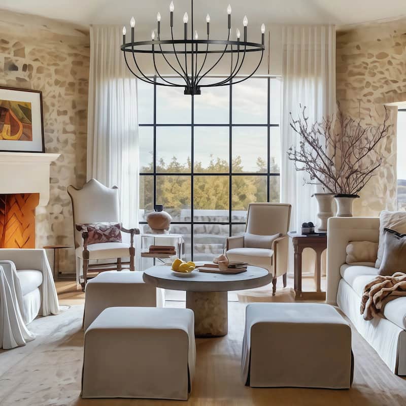 Oriea Modern Farmhouse 12-Light Black Wheel Chandelier Classic Candle Light for Dining Living Room - D47.2" x H26" - 12-Light Double-Tier