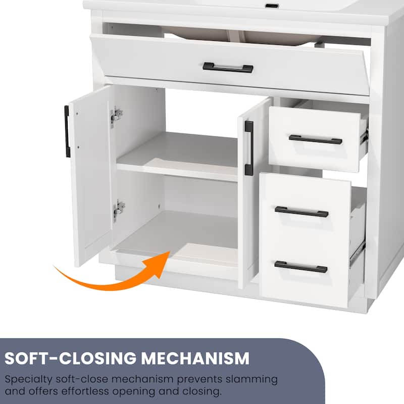 36" Free-Standing Bathroom Vanity with Marble Countertop-Soft-Close Drawers & Cabinet