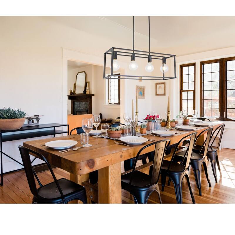 Modern Black 4-Light Linear Pendant Chandelier with Adjustable Stems, Rectangular Cage Ceiling Light for Islands or Farmhouses