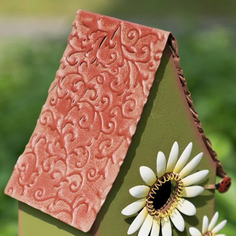 Glitzhome 52.5''H Blue Green Metal Sunflower Decorative Garden Birdhouse with Stake