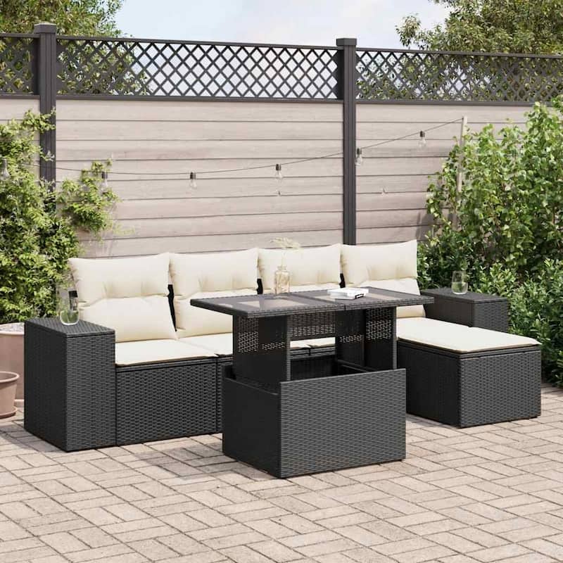 vidaXL Patio Sofa Set with Cushions Outdoor Furniture 6 Piece Poly Rattan - 21.7 x 39.4 x 28.7 - Black and Cream-with storage