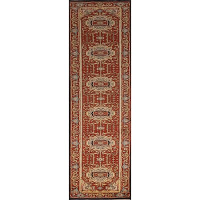 Hand Knotted Oriental 100% Wool Carpet Traditional Geometric Oranges & Rust Heriz (serapi) Runner Rug - 11' 9'' X 2' 6''
