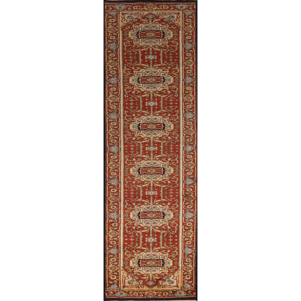 Hand Knotted Oriental 100% Wool Carpet Traditional Geometric Oranges & Rust Heriz (serapi) Runner Rug - 11' 9'' X 2' 6''