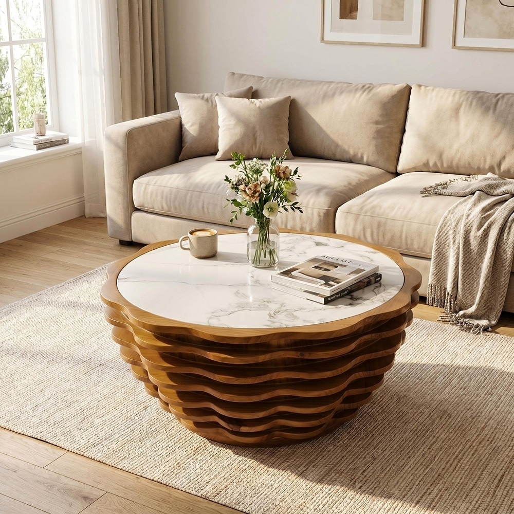 Flower-Shaped Coffee Table, Stone Tabletops with Unique Marble Patterns