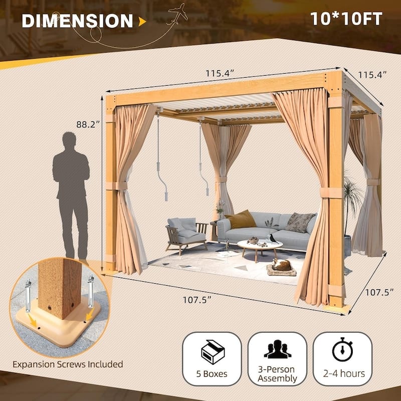 EROMMY Outdoor Louvered Pergola Gazebo with Adjustable Aluminum Rainproof Roof and Pull-Down Screen