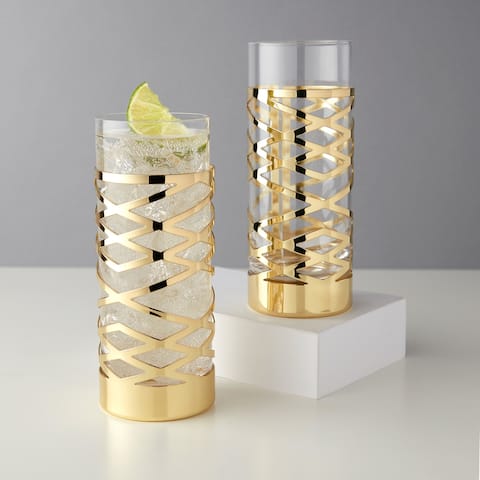 Gold & Crystal Patterned Highball Glasses by Viski - 6.25" x 2.5"